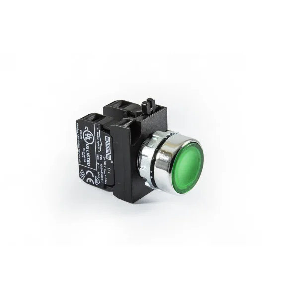 Emas CM Series Metal 1NO-1NC Spring Solid Green 22mm Push Button — CM102DY