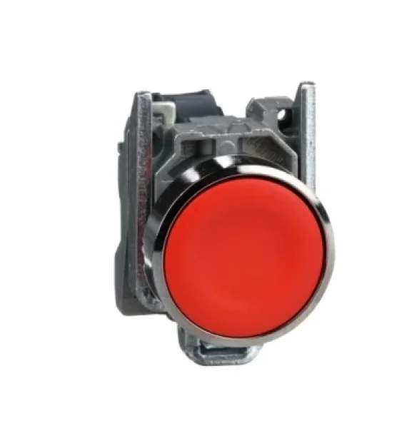 Schneider Electric XB4BA42 metal control button, red, Ø22, spring return, unmarked, 1NC contact