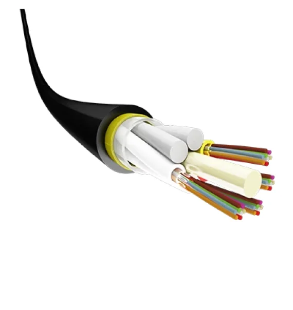 (OKKM–OKKMC) Fiber optic cable reinforced with aramid and glass strands, filled with hydrophobic gel, PE sheath