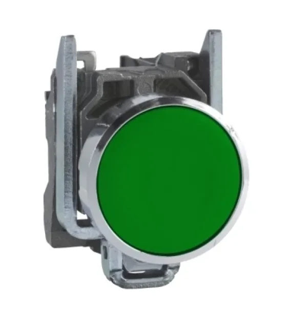 XB4BA31 Metal push button, flat, green, Ø22 mm, spring return, unmarked, 1 NO contact