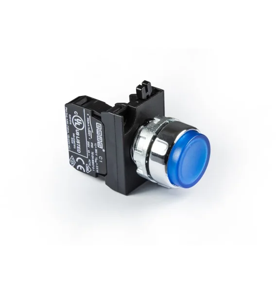 Emas CM Series Metal 1NO Spring Release Blue 22mm Button — CM100HM